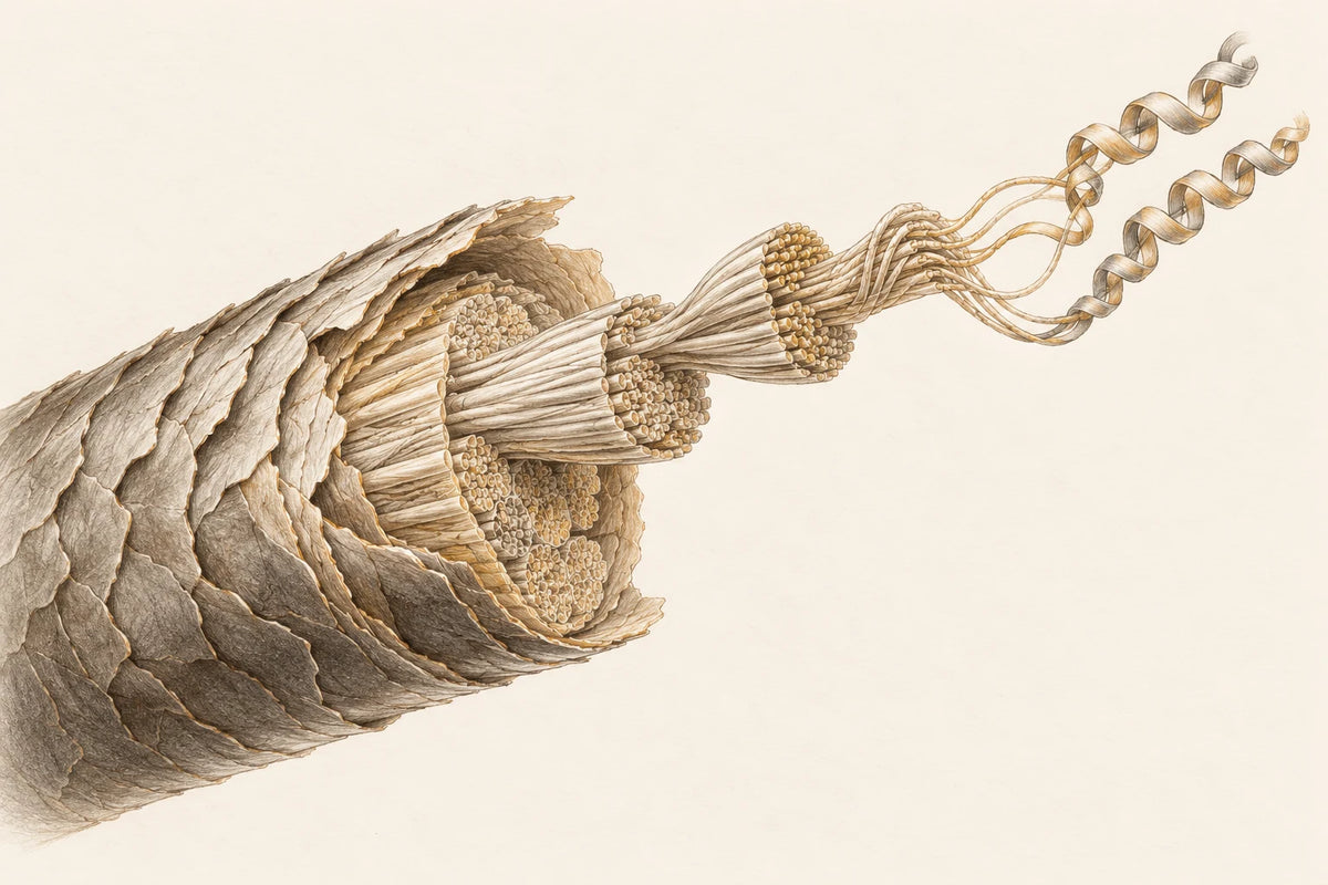 Pencil drawing from the hair shaft through internal fibres to keratin structures