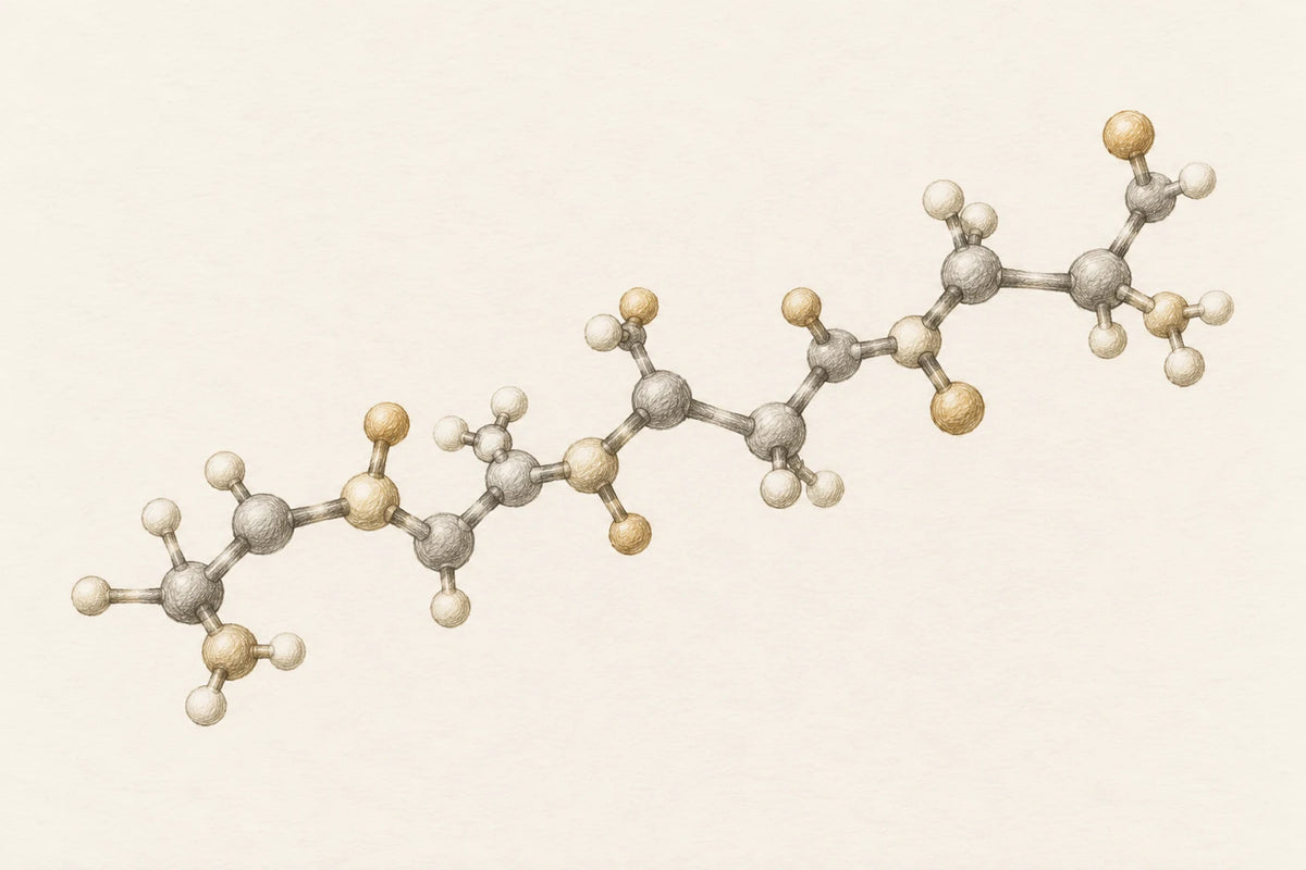 Pencil illustration of molecular building blocks in graphite and warm gold
