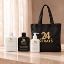 24KERATS Pflegelinie mit Zeolite Shampoo, Charcoal Detox, Leave-in-Maske und Cotton Shopper auf hellem Marmortisch am Fenster